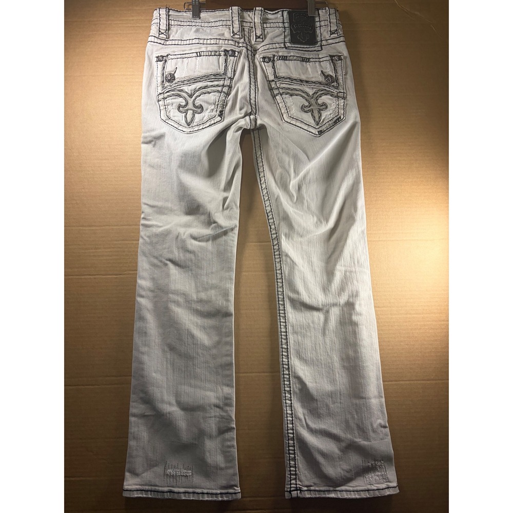 Rock Revival Destin Boot Cut Jeans Mens 32 Off-White Distressed Heavy Stitch